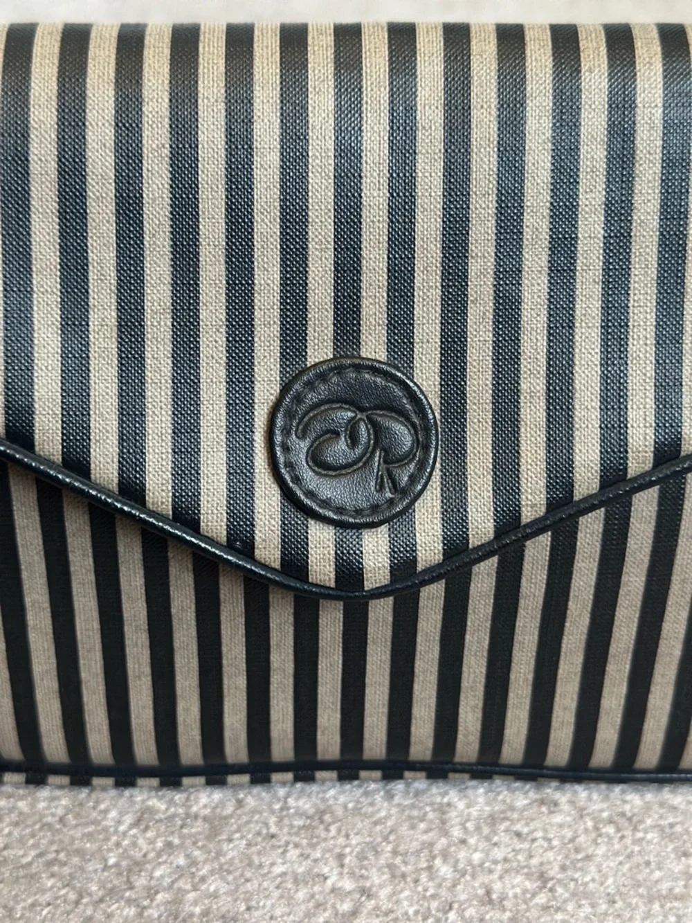 Oscar de la Renta Black and Cream Striped Clutch Makeup Bag